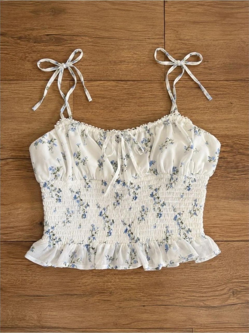 Forever 21 White Floral Smocked Crop Top Blue Flower Print